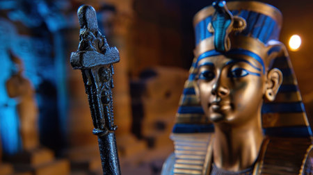 This striking pharaoh statue showcases intricate details and a majestic crown, illuminated in mystical blue tones, celebrating ancient Egyptian culture and history.の素材