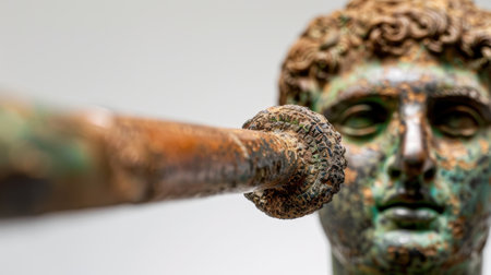 Close-up view of a bronze sculpture highlighting intricate facial details and unique textures, showcasing artistic craftsmanship and historical significance.の素材