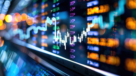A close-up view of a dynamic financial chart showcasing colorful data visualization with vivid market trends. The screen reflects real-time trading activity and analytics.の素材