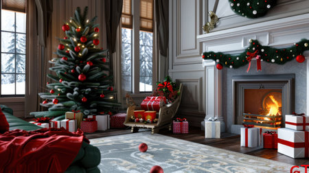 Inviting holiday living room featuring a beautifully decorated Christmas tree, glowing fireplace, and festive decorations creating a warm, cozy atmosphere.の素材