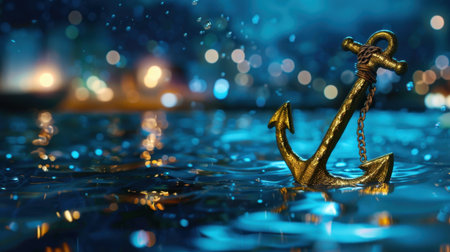 A stunning golden anchor stands serenely in calm water, reflecting twinkling bokeh lights. This artistic image captures a tranquil maritime ambiance perfect for nautical themes.の素材