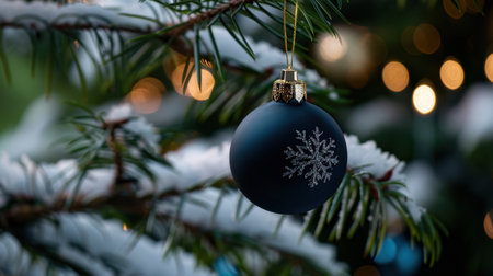 A stunning black ornament featuring a delicate snowflake design, elegantly hanging from a snow-dusted evergreen branch, radiating soft light and warmth.の素材