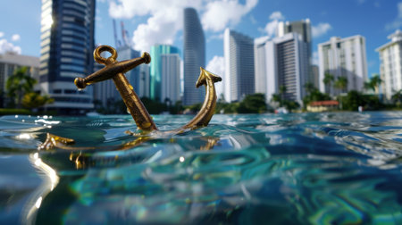 A stunning image of a golden anchor floating in clear water with a modern city skyline reflecting in the background, evoking feelings of adventure and tranquility.の素材