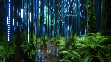Immerse yourself in this captivating surreal forest scene filled with reflective columns and vibrant greenery, creating a unique and tranquil atmosphere.の素材