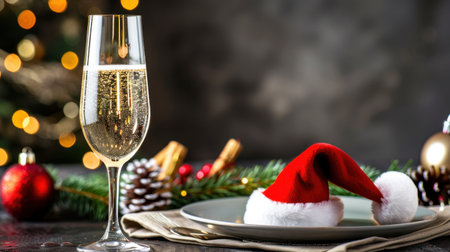 A beautiful Christmas table setting featuring a glass of bubbly drink, a charming Santa hat on a plate, and festive decorations, perfect for holiday gatherings.の素材