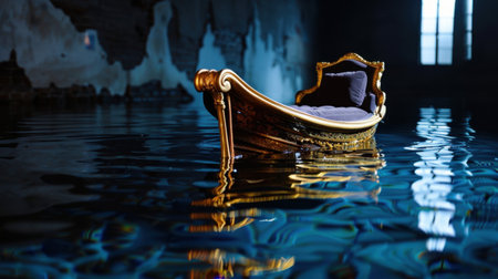 An elegant ornate boat adorned with plush upholstery floats gracefully on still water in an abandoned industrial space, creating a serene and dreamlike atmosphere.の素材
