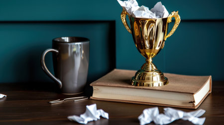 A golden trophy sits atop a book with crumpled papers scattered around, accompanied by a grey mug, symbolizing achievement, creativity, and motivation.の素材