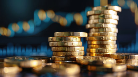 A collection of gold coins stacked neatly symbolizes wealth and investment opportunities against a backdrop of financial data analysis and trends.の素材