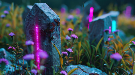 This captivating image features illuminated stones rising from lush greenery and vibrant flowers in an enchanting garden, evoking a sense of magic and tranquility.の素材