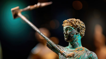 This captivating bronze statue features a warrior poised with a spear, showcasing remarkable detail and a unique patina. Perfect for art and history themes.の素材
