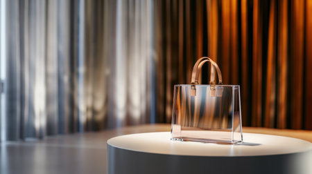 A stylish transparent handbag beautifully displayed on a round stand, surrounded by soft lighting and elegant draped fabric, creating a warm and sophisticated ambiance.の素材