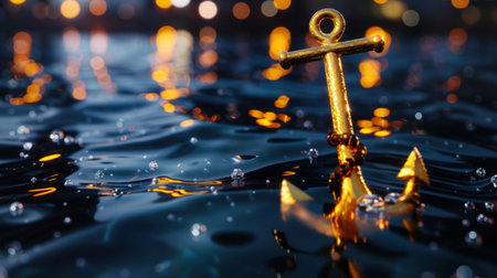 This striking image features a golden anchor emerging from calm water, surrounded by enchanting bokeh lights, creating a tranquil and serene atmosphere.の素材