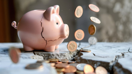 A cracked piggy bank surrounded by coins illustrates the struggles of managing personal finance. This image captures the essence of economic challenges and the importance of savings.の素材
