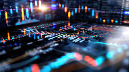 Experience a dynamic financial data visualization showcasing colorful charts and graphs that enhance stock market analysis and trading insights.の素材