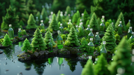 This captivating image showcases a lush green forest, where miniature trees surround glowing glass bottles reflected in calm water. A perfect representation of nature's beauty and sustainability.の素材