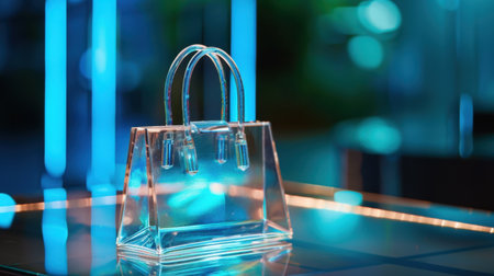 A fashionable transparent handbag is set against a backdrop of illuminated blue lights, creating a stunning visual effect that enhances its beauty and elegance.の素材