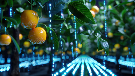 A stunning blend of nature and technology featuring orange trees surrounded by glowing binary code. This image represents the fusion of agriculture and digital advancement, showcasing vibrant colors and a futuristic perspective.の素材