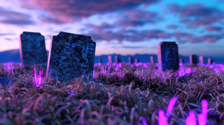 A captivating graveyard scene at twilight, featuring ethereal glowing grass and ancient headstones. The vibrant colors of the sky create a dreamlike atmosphere, inviting exploration into the mysterious landscape.の素材