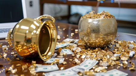 A striking display of golden treasures spilling from broken pots, surrounded by scattered cash, captures the essence of wealth and luxury in a vibrant workspace.の素材