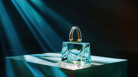 This captivating image features a stunning glass perfume bottle elegantly displayed on a table, enveloped in soft lighting and artistic spotlight effects.の素材