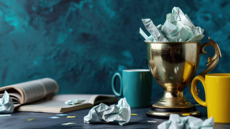 This image features a trophy filled with crumpled papers alongside colorful mugs on an artistically styled table, evoking a sense of creativity and inspiration.の素材