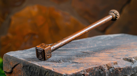 This image features an antique decorative stick resting on a rustic stone surface in an outdoor setting, showcasing intricate craftsmanship and historical significance.の素材
