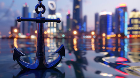 A stunning close-up of a metallic anchor resting on a calm water surface, with a vibrant city skyline mirrored in the background, showcasing urban beauty at twilight.の素材