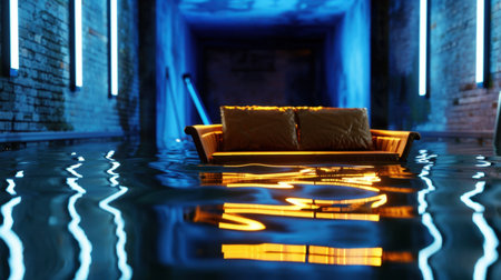 A modern couch gently floats in a serene, flooded interior space, with reflections of vibrant neon lights creating a tranquil atmosphere.の素材