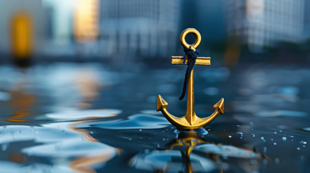 A stunning golden anchor stands proud in calm water, surrounded by the soft reflections of an urban skyline, capturing a moment of tranquility amidst city life.の素材