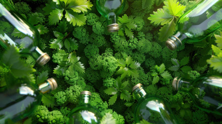 A captivating top view of green glass bottles nestled among vibrant leaves and lush greenery, showcasing nature's beauty and sustainability.の素材