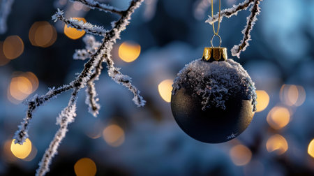 A stunning close-up of a frosted Christmas ornament hanging delicately from a snowy branch, surrounded by soft focused lights. This enchanting winter scene captures the essence of the holidays, evoking feelings of warmth and joy.の素材