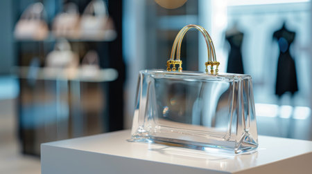 A stunning transparent handbag displayed elegantly on a white pedestal in a fashionable boutique, enhancing the atmosphere of luxury and style.の素材