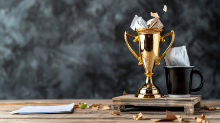 A striking golden trophy filled with crumpled papers sits on a wooden desk, symbolizing achievement and creativity in a modern office environment.の素材