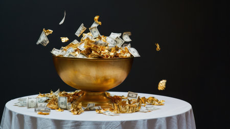 A striking golden bowl filled with crumpled money bills and shiny gold foil coins captures the essence of wealth and success, ideal for financial themes.の素材
