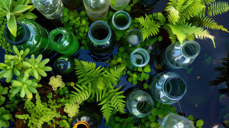 A captivating scene featuring an arrangement of assorted glass bottles nestled among lush green plants, reflecting serene water surfaces, showcasing nature's beauty.の素材