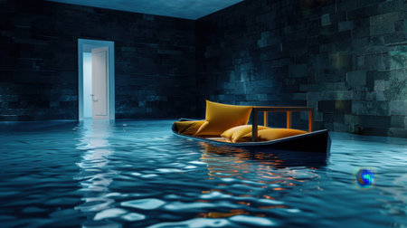 This captivating image features a boat with cushions floating in tranquil water within a modern indoor space, illuminated by soft light. The serene atmosphere invites reflection and imagination.の素材