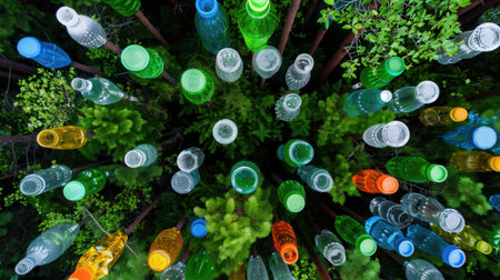 This aerial view showcases a vibrant array of plastic bottles in various colors scattered amidst lush green foliage, highlighting the contrast between nature and waste.の素材