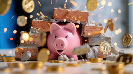 A vibrant scene featuring a pink piggy bank breaking through a wall, surrounded by a cascade of coins. This image represents the themes of financial growth, breaking barriers, and pursuing wealth in the modern economy.の素材