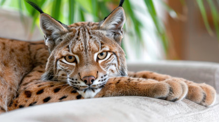 A stunning close-up of a lynx lounging on a couch, showcasing its captivating eyes and soft fur. The vibrant green plant in the background adds a touch of nature to the scene.の素材