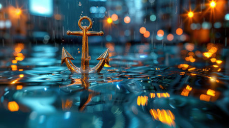 A stunning close-up of a golden anchor emerging from calm water during rainfall, beautifully reflecting city lights at night, creating a serene atmosphere.の素材
