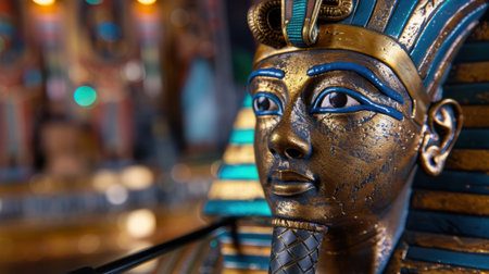 This stunning close-up image features an ancient Egyptian pharaoh bust, showcasing exceptional craftsmanship and intricate details, perfect for cultural and historical themes.の素材