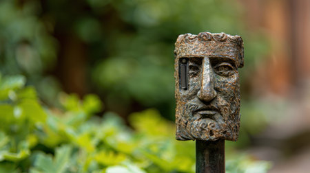 This captivating sculpture depicts a human face with intricate details, set against a backdrop of lush greenery, combining art and nature beautifully.の素材