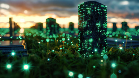 A mesmerizing view of a futuristic cemetery featuring glowing digital headstones surrounded by lush green grass at sunset. The scene evokes tranquility and innovation.の素材