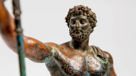 This image showcases a close-up of an ancient bronze statue representing a Greek god. The intricate details and patina highlight the craftsmanship and artistic expression.の素材