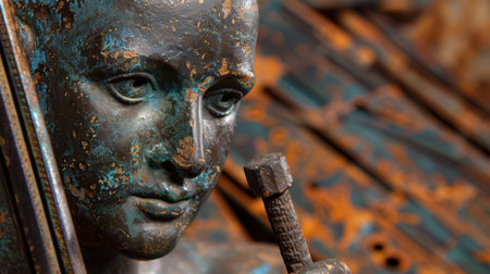 A striking close-up of a vintage bronze sculpture, showcasing intricate details, rich patina, and an expressive human figure against a rustic metal background.の素材