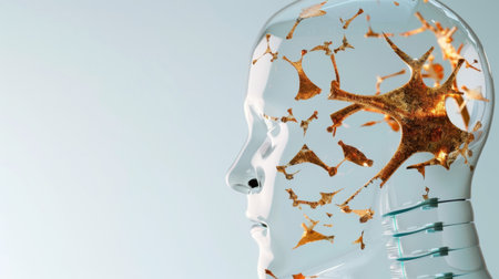 This image features a transparent human head model highlighting neural connections, symbolizing brain activity and cognitive processes in a creative and abstract manner.の素材