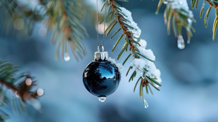 A captivating black Christmas ornament hangs gracefully from a snow-laden pine branch, reflecting a tranquil winter landscape, embodying holiday elegance.の素材