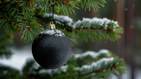 A stunning black Christmas ornament gracefully hangs from a frosted evergreen branch, creating a serene winter scene. Snow lightly dusts the surrounding foliage.の素材