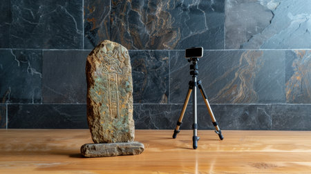 A captivating juxtaposition of an ancient stone tablet alongside a modern camera setup, highlighting the blend of history and contemporary technology against a rustic backdrop.の素材