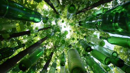 This captivating image showcases green glass bottles suspended among vibrant green leaves and tree branches, creating an enchanting natural scene.の素材